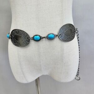 Western Turquoise Stone Chain Concho Belt Silver Tone Bohemian Festival One Size